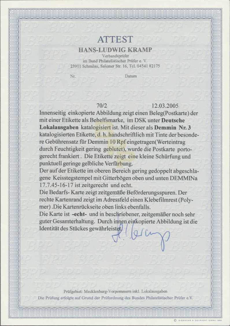 Br Deutsche Lokalausgaben Ab 1945: Demmin, 1945, Etikett Im Format 20x12 Mm Mit Handschriftlichem Werte - Altri & Non Classificati