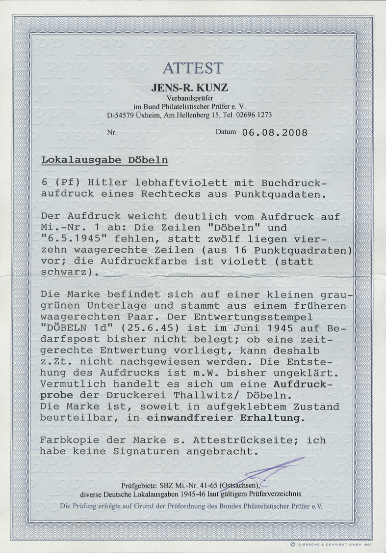 Brfst Deutsche Lokalausgaben Ab 1945: 1945, DÖBELN:  6 Pfg Lebhaftviolett, Mit “14-(statt 12) Zeiligem Pun - Other & Unclassified