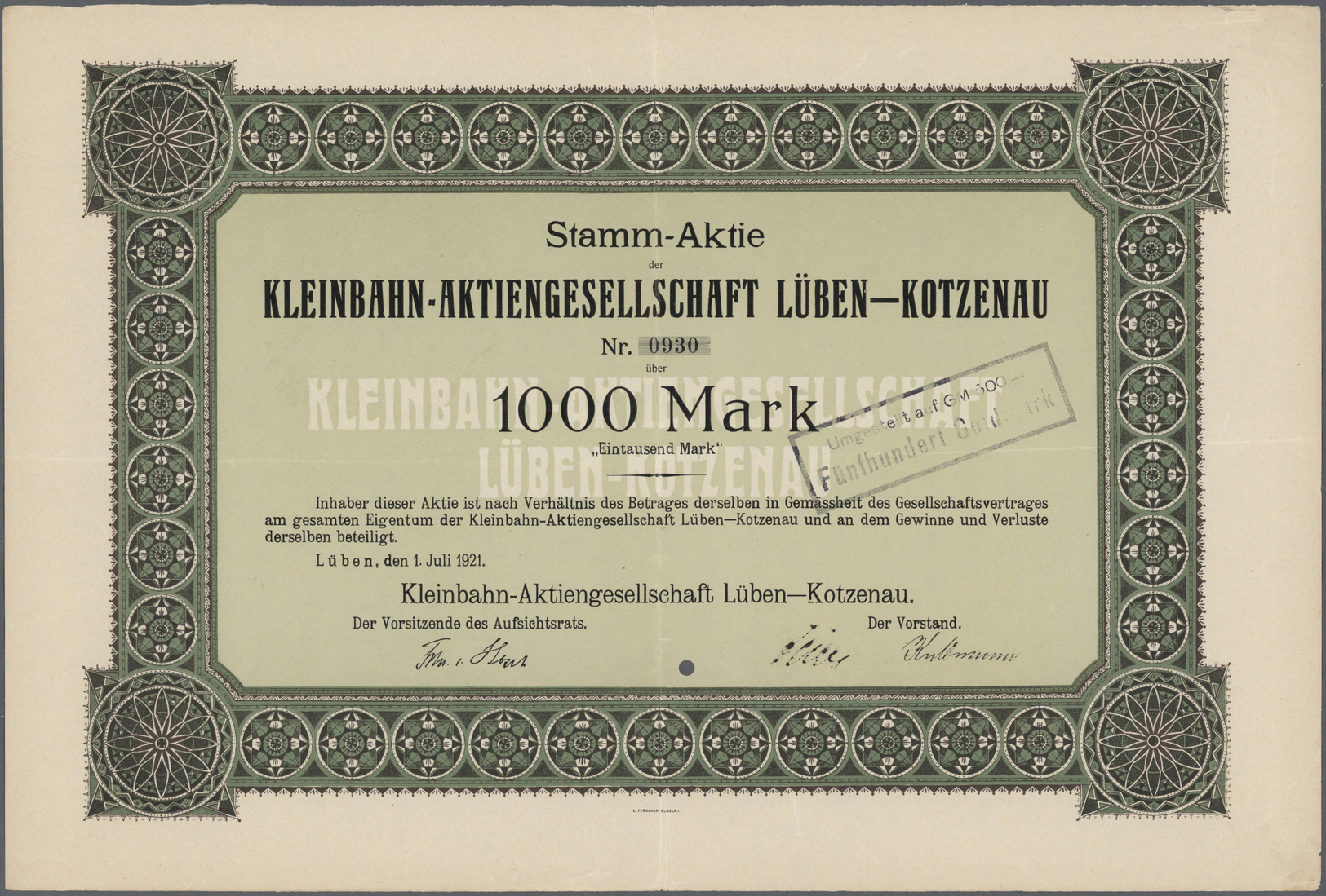 Thematik: Eisenbahn / Railway: 1921: DEUTSCHLAND, Kleinbahn-AG Lüben-Kotzenau Lüben 1921, Stamm-Aktie 1000 M. Dekorative - Trains