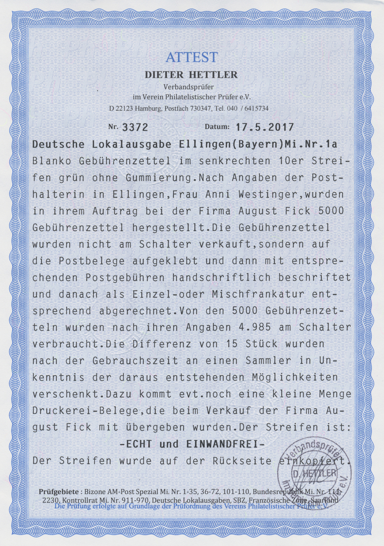 (*) Deutsche Lokalausgaben Ab 1945: ELLINGEN, 1945: Gebührenzettel UNGEBRAUCHT Im Senkrechten 10er-Strei - Altri & Non Classificati