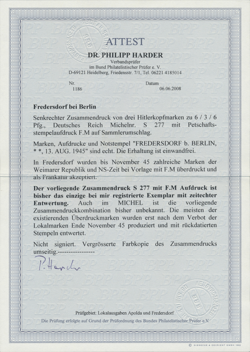 Br Deutsche Lokalausgaben Ab 1945: FREDERSDORF: Hitler 6+3+6 Pfg. Senkrechter Zusammendruck Mit Petscha - Andere & Zonder Classificatie