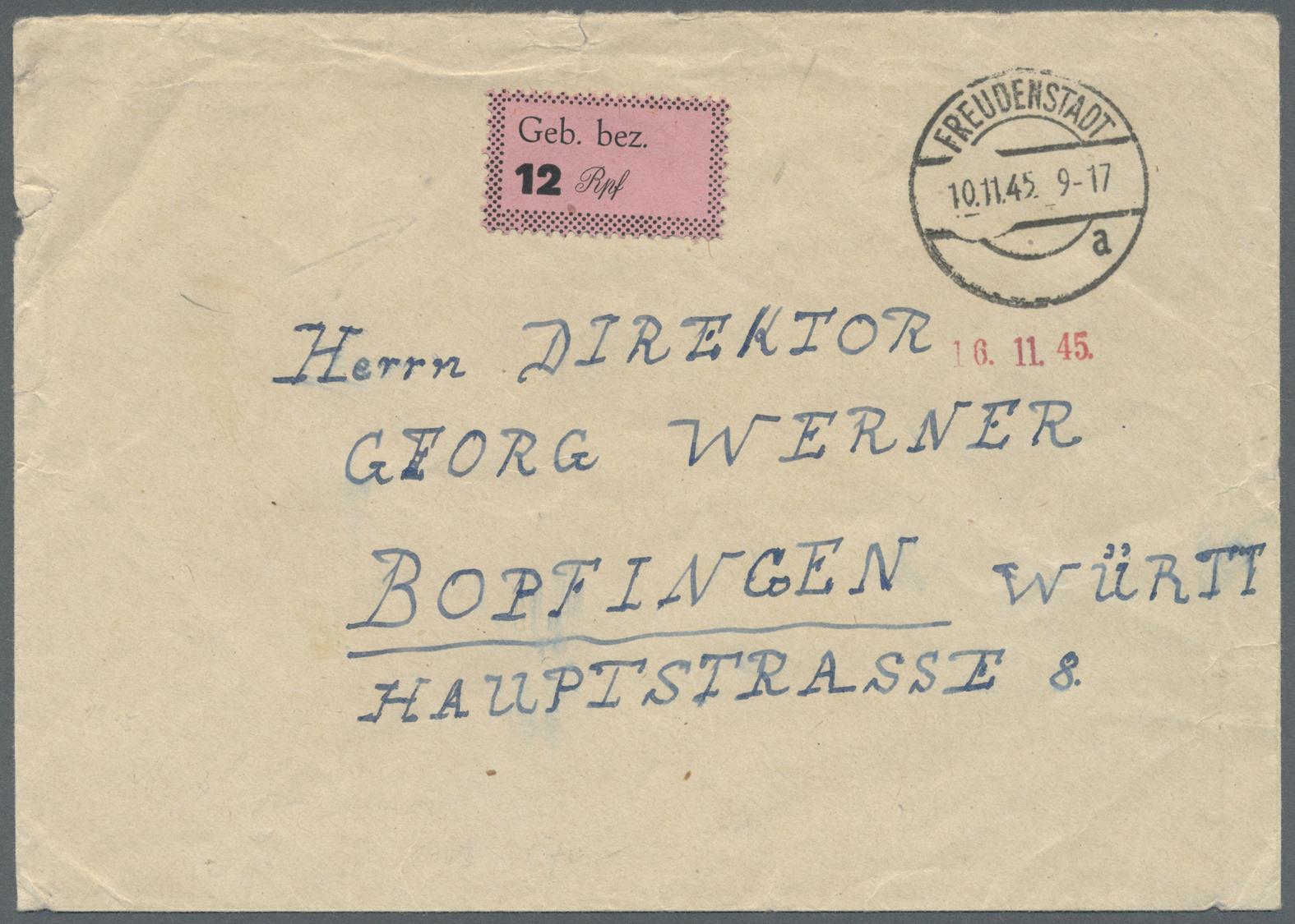 Br Deutsche Lokalausgaben Ab 1945: Freudenstadt: 1945, 12 Pfg. Gebührenzettel, 2. Druckauflage Auf Brie - Andere & Zonder Classificatie