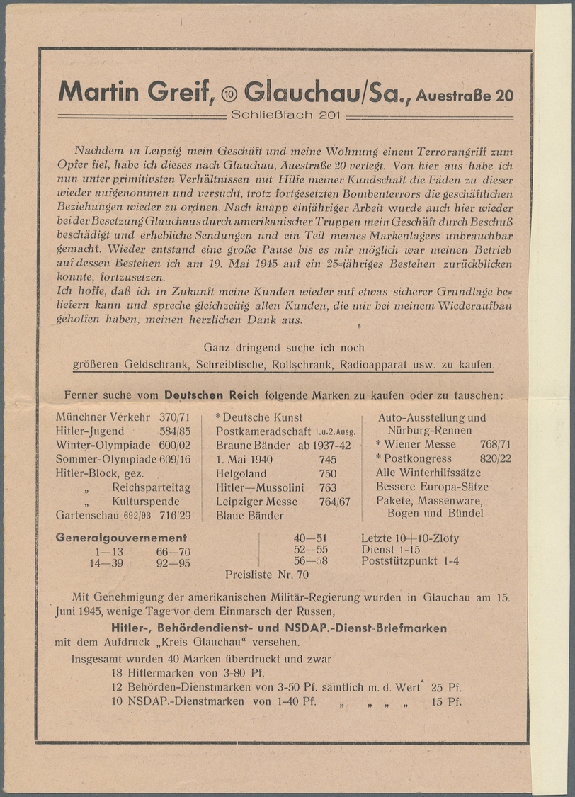 Br Deutsche Lokalausgaben Ab 1945: GLAUCHAU, 1945, 15 Auf 8 Pfg. Hitler Zinnober Als Einzelfrankatur Au - Other & Unclassified