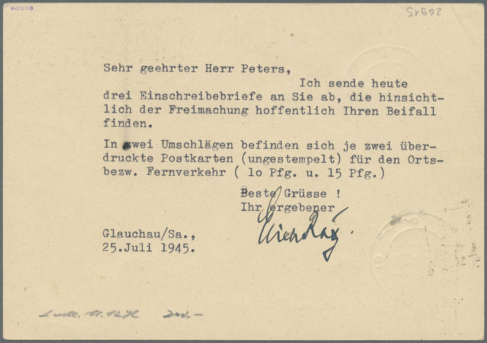 GA Deutsche Lokalausgaben Ab 1945: GLAUCHAU: 15 Auf 6  Pfg. Hitler Ganzsachenkarte Aus "GLAUCHAU 25.7.4 - Autres & Non Classés