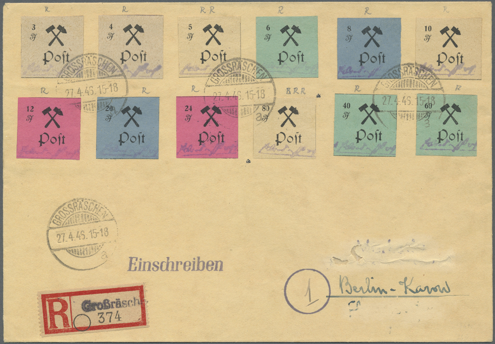 Br Deutsche Lokalausgaben Ab 1945: 1946, GROßRÄSCHEN: 3 Pf. Bis 60 Pf., Gebührenzettel Auf Teils Farbig - Other & Unclassified
