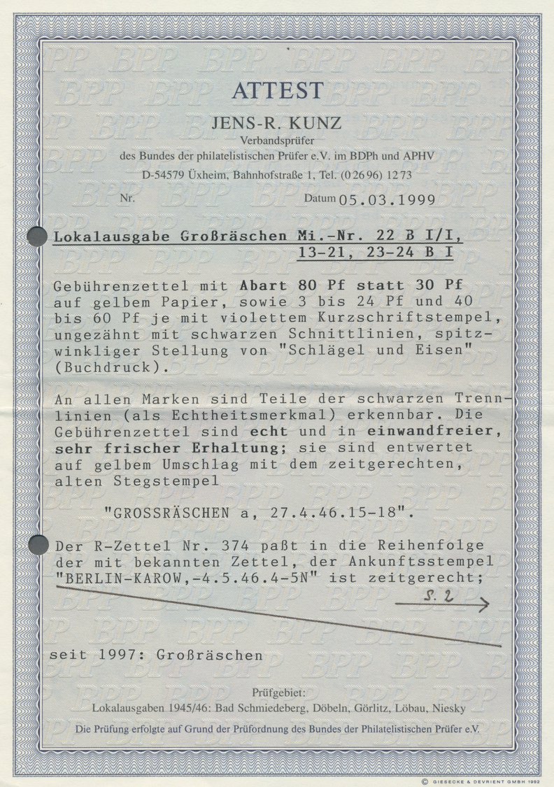 Br Deutsche Lokalausgaben Ab 1945: 1946, GROßRÄSCHEN: 3 Pf. Bis 60 Pf., Gebührenzettel Auf Teils Farbig - Autres & Non Classés