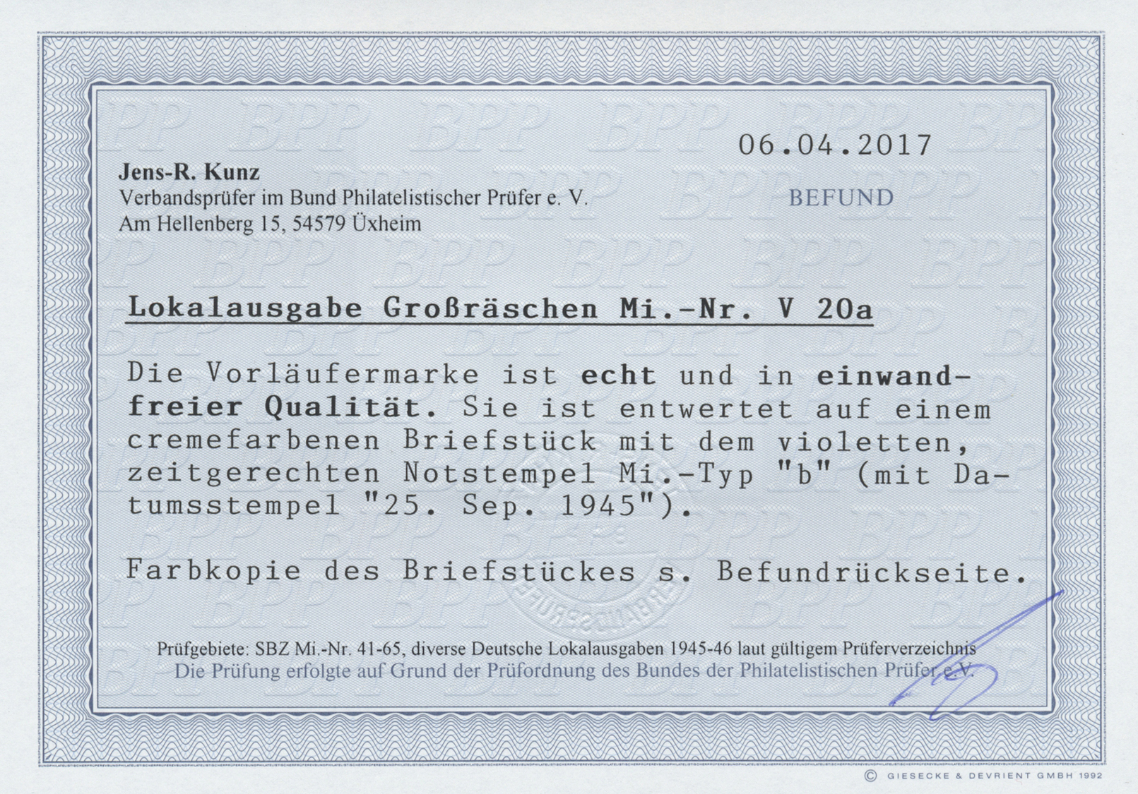 Brfst Deutsche Lokalausgaben Ab 1945: Großräschen: 1945, 5 Pfg. In Blau Auf Zoll/Douane-Zettel Mit Notstem - Altri & Non Classificati