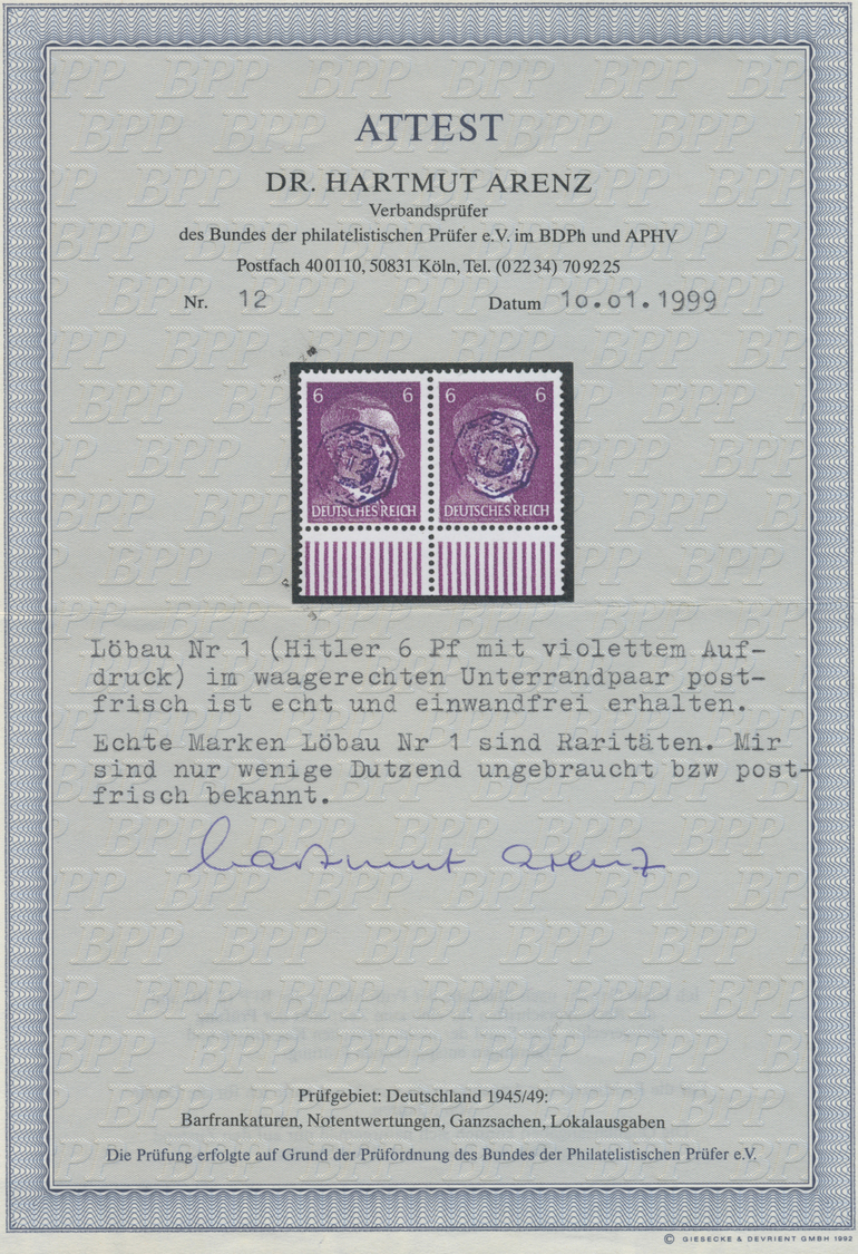 ** Deutsche Lokalausgaben Ab 1945: Löbau: 1945, 6 Pfg. Hitler Mit Blauviolettem, Kopfstehendem Aufdruck - Andere & Zonder Classificatie