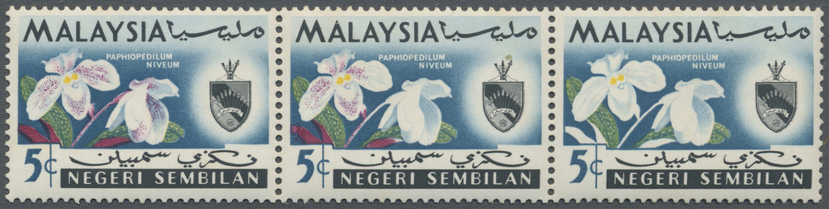 ** Thematik: Flora-Orchideen / Flora-orchids: 1965, Negri Sembilan, 5c. Orchids, Horiz. Strip Of Three, Right Stamps Sho - Orchids