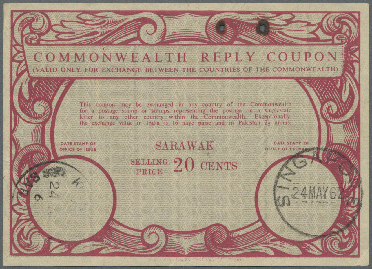 GA Thematik: I.A.S. / Intern. Reply Coupons: Commonwealth Reply Coupons, 1962/63, Sarawak 20 C. With Faint "Kuching" Dat - Unclassified