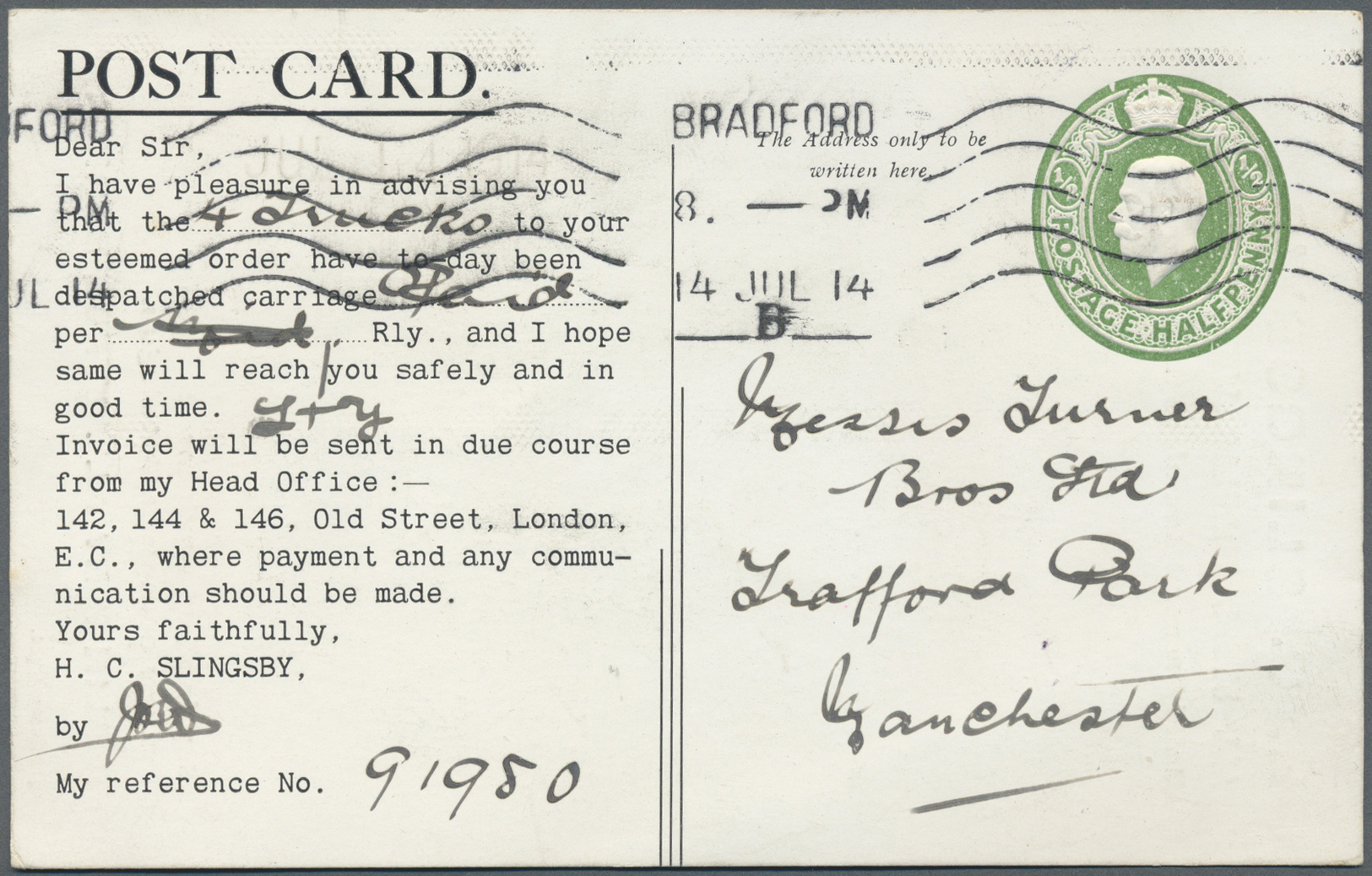 GA Thematik: Industrie, Handel / Industry, Trading: 1914, Great Britain. Commercial Entire Card 1/2d "H. C. Slingby, Lon - Unclassified