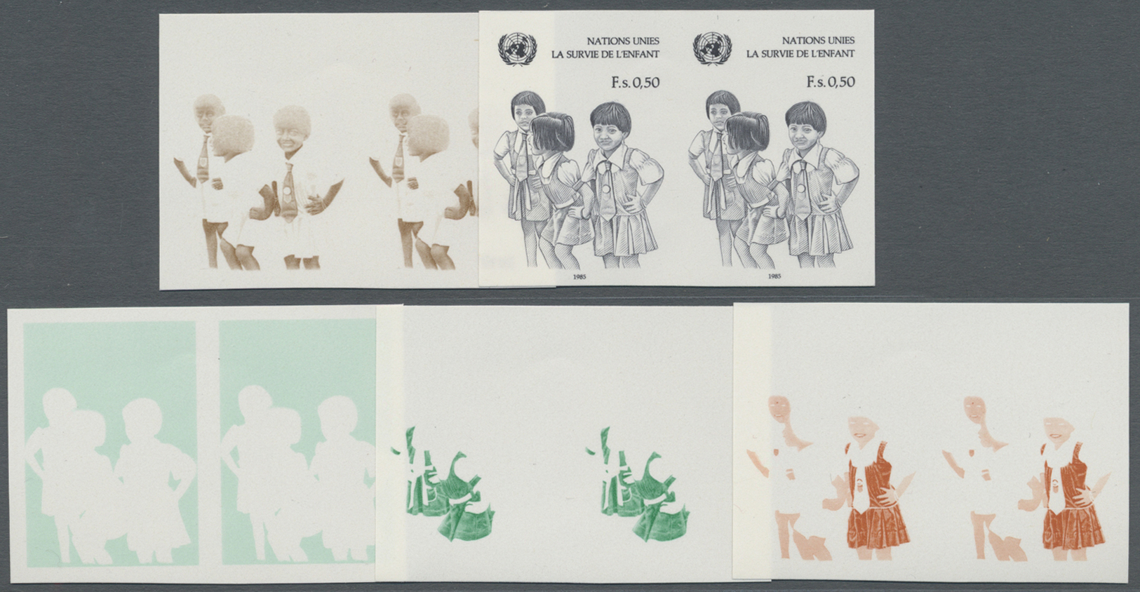 ** Thematik: Kinder / Children: 1985, UN Geneva. Progressive Proof (5 Phases) In Horizontal Pairs For The 50c Value Of T - Other & Unclassified