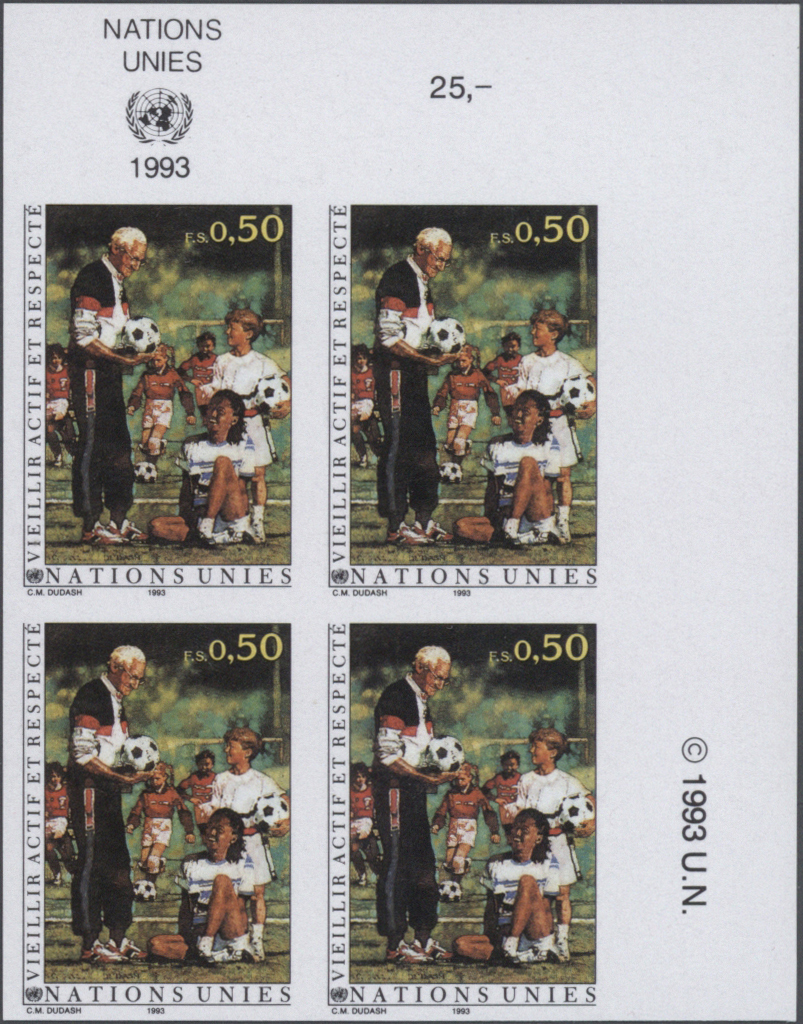 ** Thematik: Kinder / Children: 1993, UN Geneva. Imperforate Corner Block Of 4 For The 50c Value Of The Issue "Aging Wit - Other & Unclassified