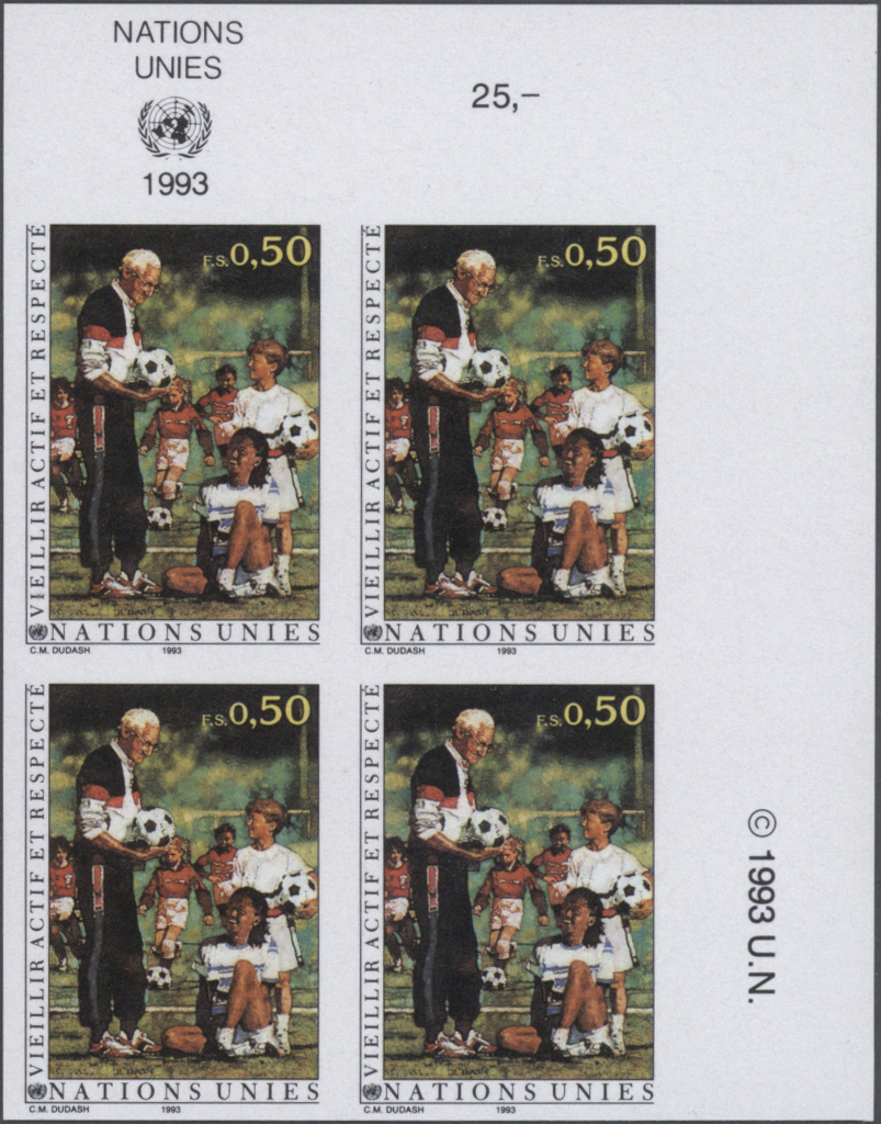 ** Thematik: Kinder / Children: 1993, UN Geneva. Imperforate Corner Block Of 4 For The 50c Value Of The Issue "Aging Wit - Sonstige & Ohne Zuordnung