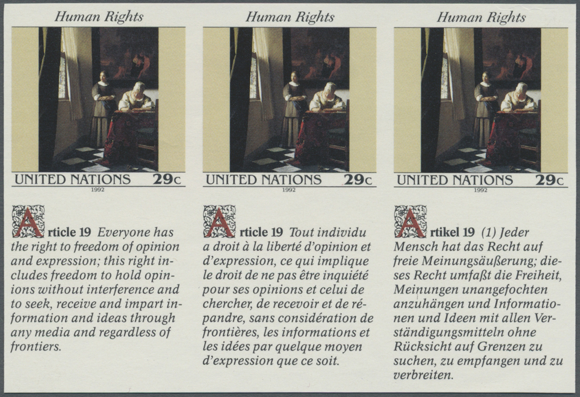 ** Thematik: Malerei, Maler / Painting, Painters: 1992, UN New York. IMPERFORATE Inscription Block Of 6 (3 Stamps And 3  - Other & Unclassified