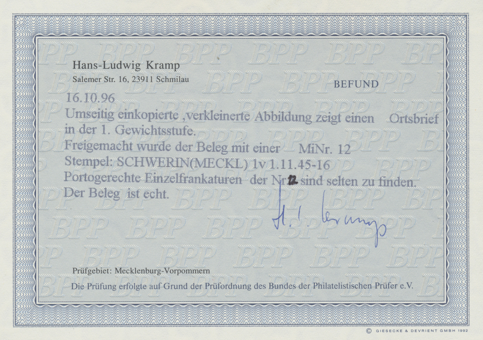 Br Sowjetische Zone - Mecklenburg-Vorpommern: Bedarfsbrief Schwerin Als Ortsbrief Vom 1.11.45 , Luxuser - Other & Unclassified