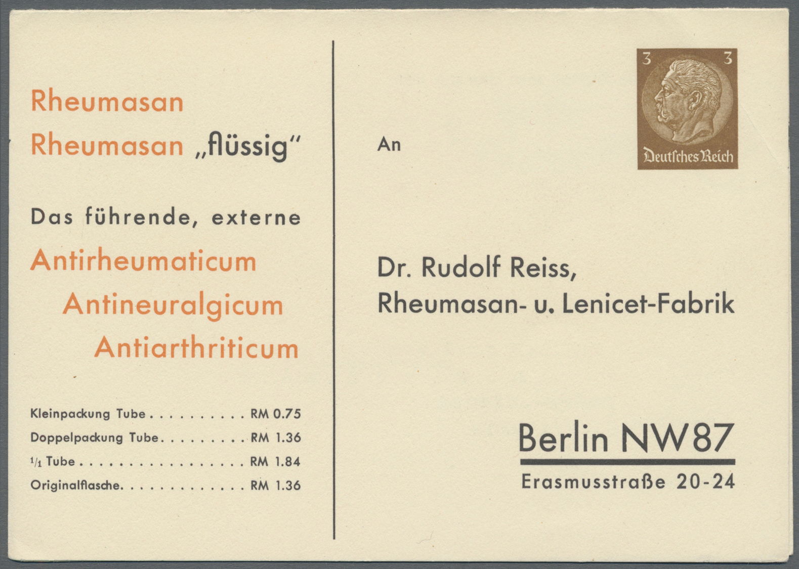 GA Thematik: Medizin, Gesundheit / Medicine, Health: 1935, Dt. Reich. Privat-Doppelkarte 3+3 Pf Hindenburg "Rheumasan".  - Medicine
