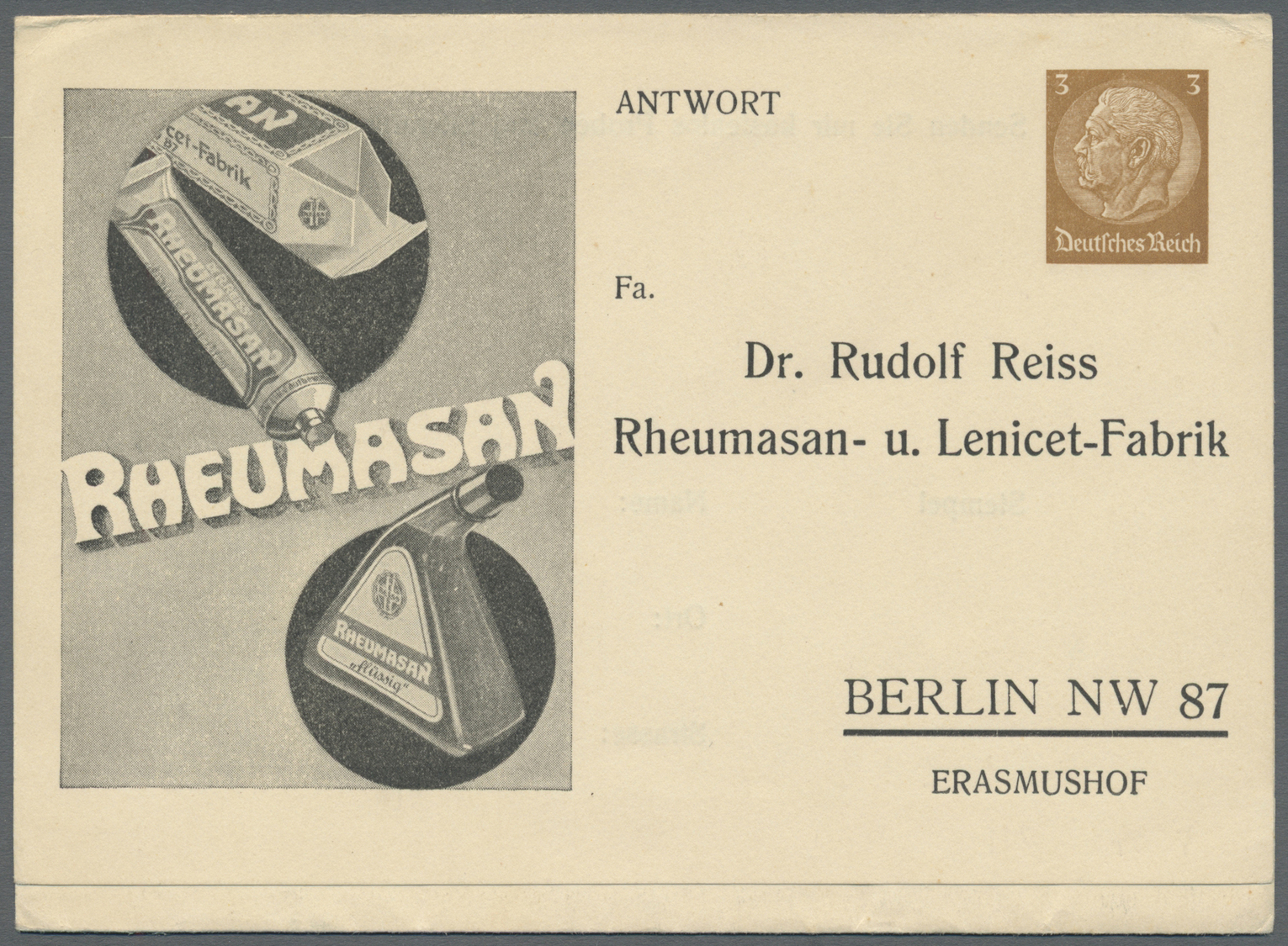 GA Thematik: Medizin, Gesundheit / Medicine, Health: 1935 (ca), Dt. Reich. Privat-Doppelkarte 3+3 Pf Hindenburg "Rheumas - Medicine