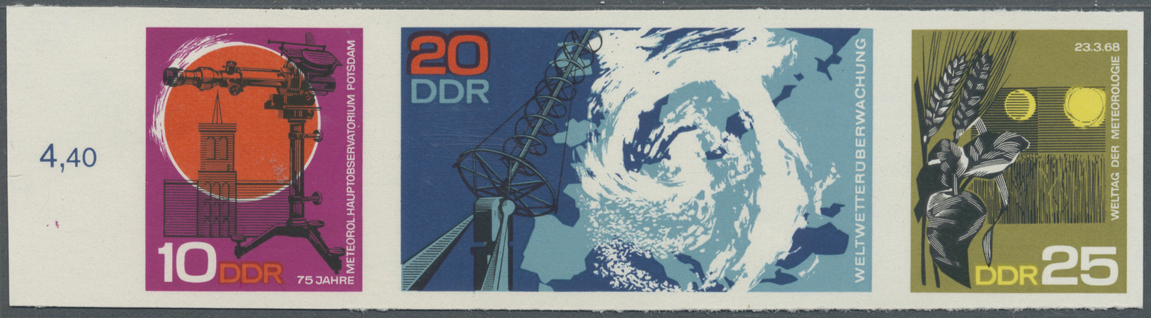 ** Thematik: Meteorologie / Meteorology: 1968: DDR, Meteorologie UNGEZÄHNT In Originalfarben 3 Werte Komplett Als Zusamm - Climate & Meteorology