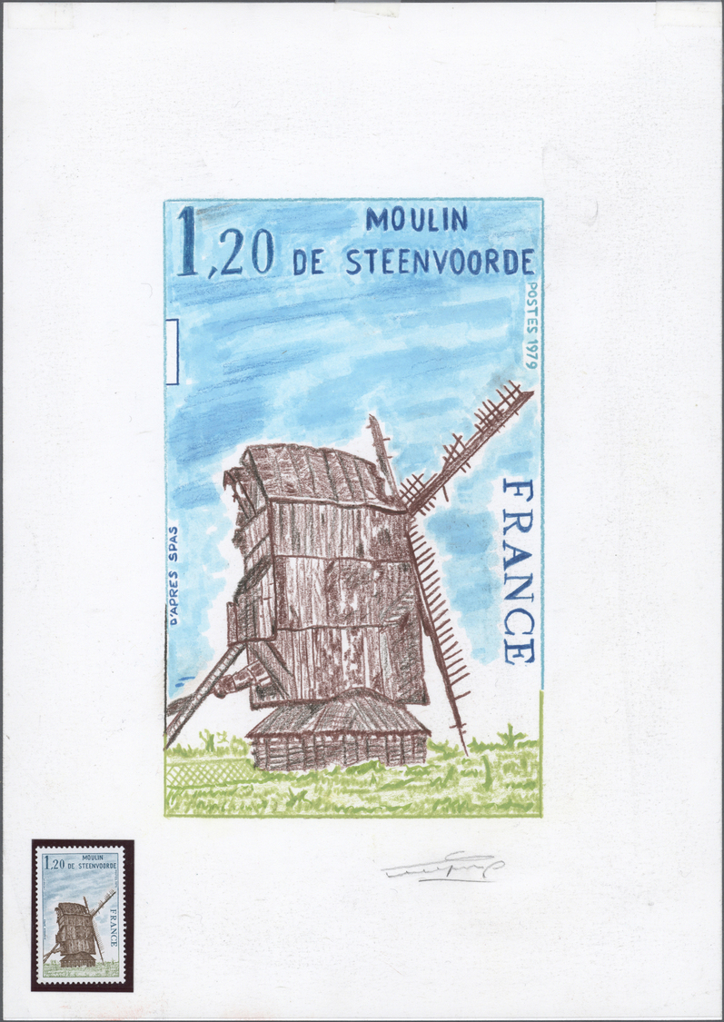 Thematik: Mühlen / Mills: 1979, France. Artwork For The Definitive Issue "Tourism" Showing MOULIN DE STEENVOORDE. Crayon - Windmills