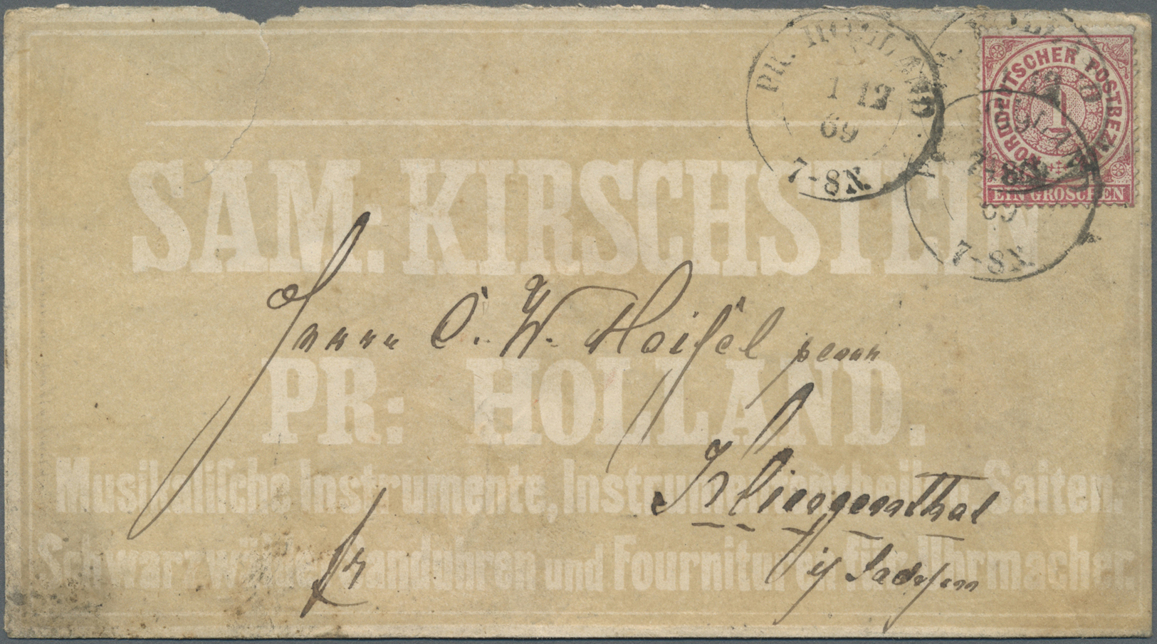 Br Thematik: Musik / Music: 1869, NDP. Firmenbrief Mit Wasserzeichenähnlichem Eindruck "SAM: KIRSCHSTEIN / PR: HOLLAND.  - Music
