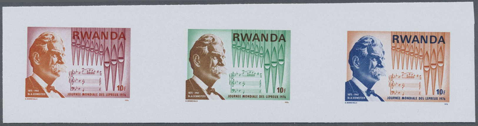 ** Thematik: Musik / Music: 1976, Rwanda. Collective Trial Color Proof Sheet Of For The 10fr Value Of The "World Leprosy - Music