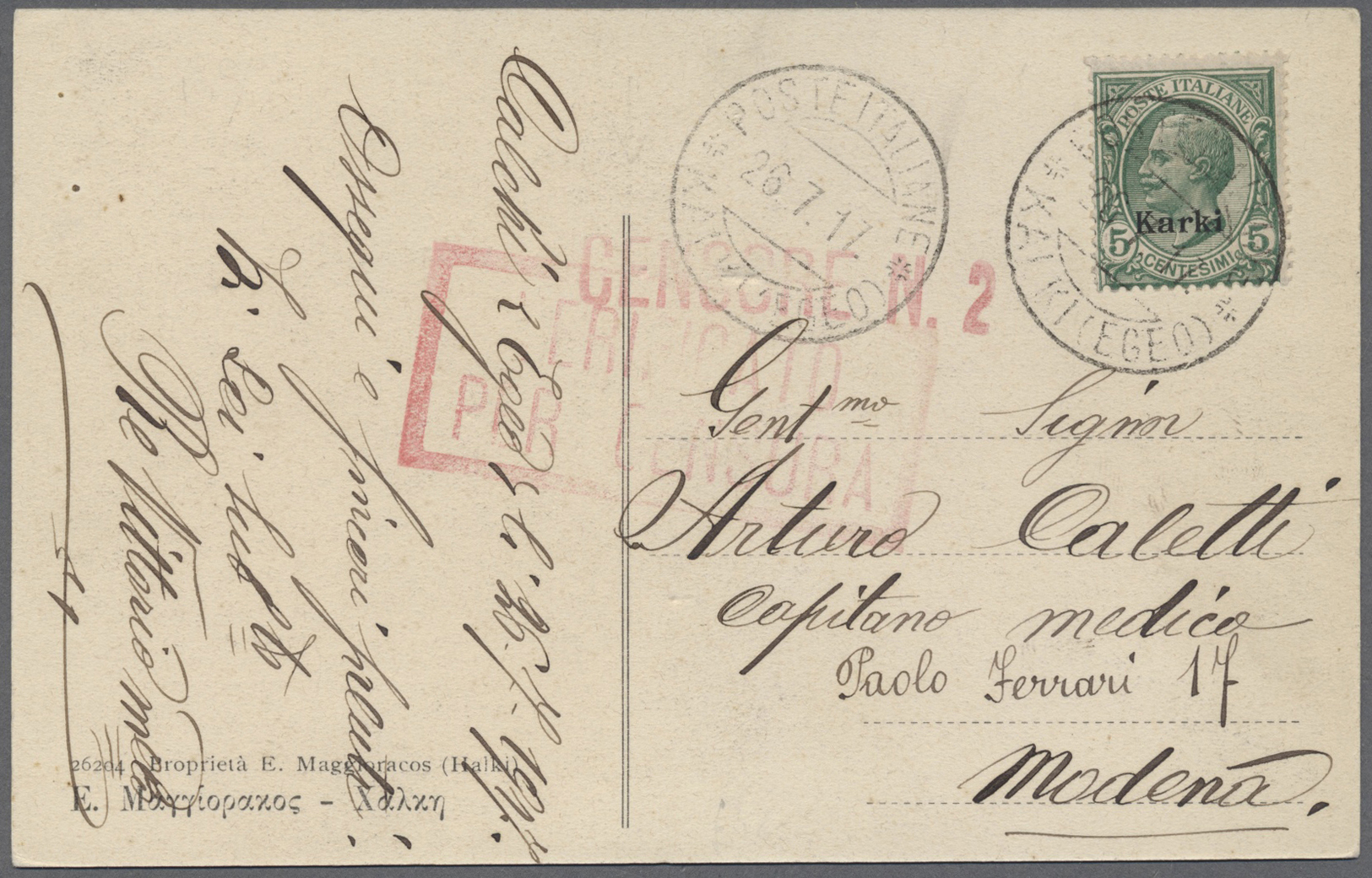 Ägäische Inseln: 1917, Lot Of Two Used Ppc: 1917 Ppc "Isola Di Chalki" Used 5 C. Green "Karki" 26.7.17 To Mode - Aegean