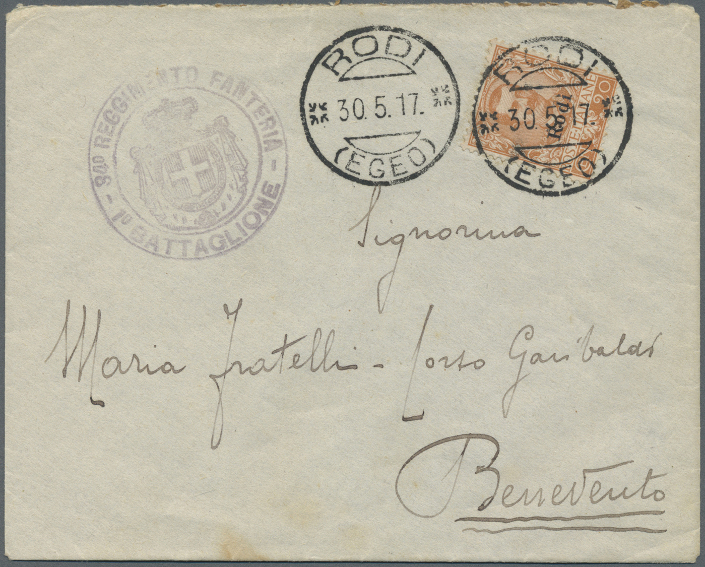 Br Ägäische Inseln: 1917. Envelope Addressed To Ltaly Bearing Rhodes SG 11, 20c Orange Tied By Rodi (Egeo) Date S - Aegean