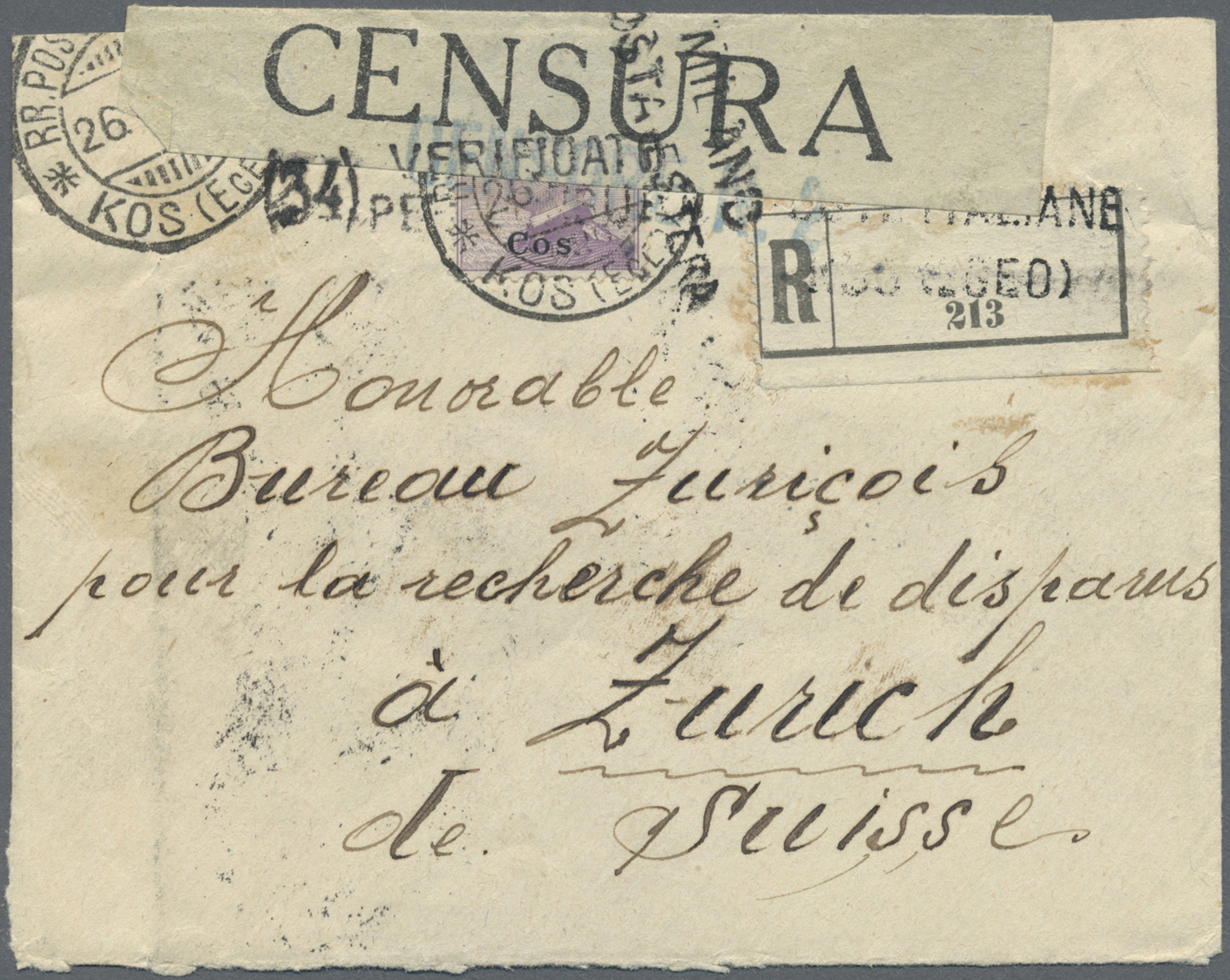 Br Ägäische Inseln: 1918 (26.4.), 50 C. Violett Mit Aufdruck 'Cos' Einzelfrankatur Auf Zensuriertem R-Brief Mit S - Aegean