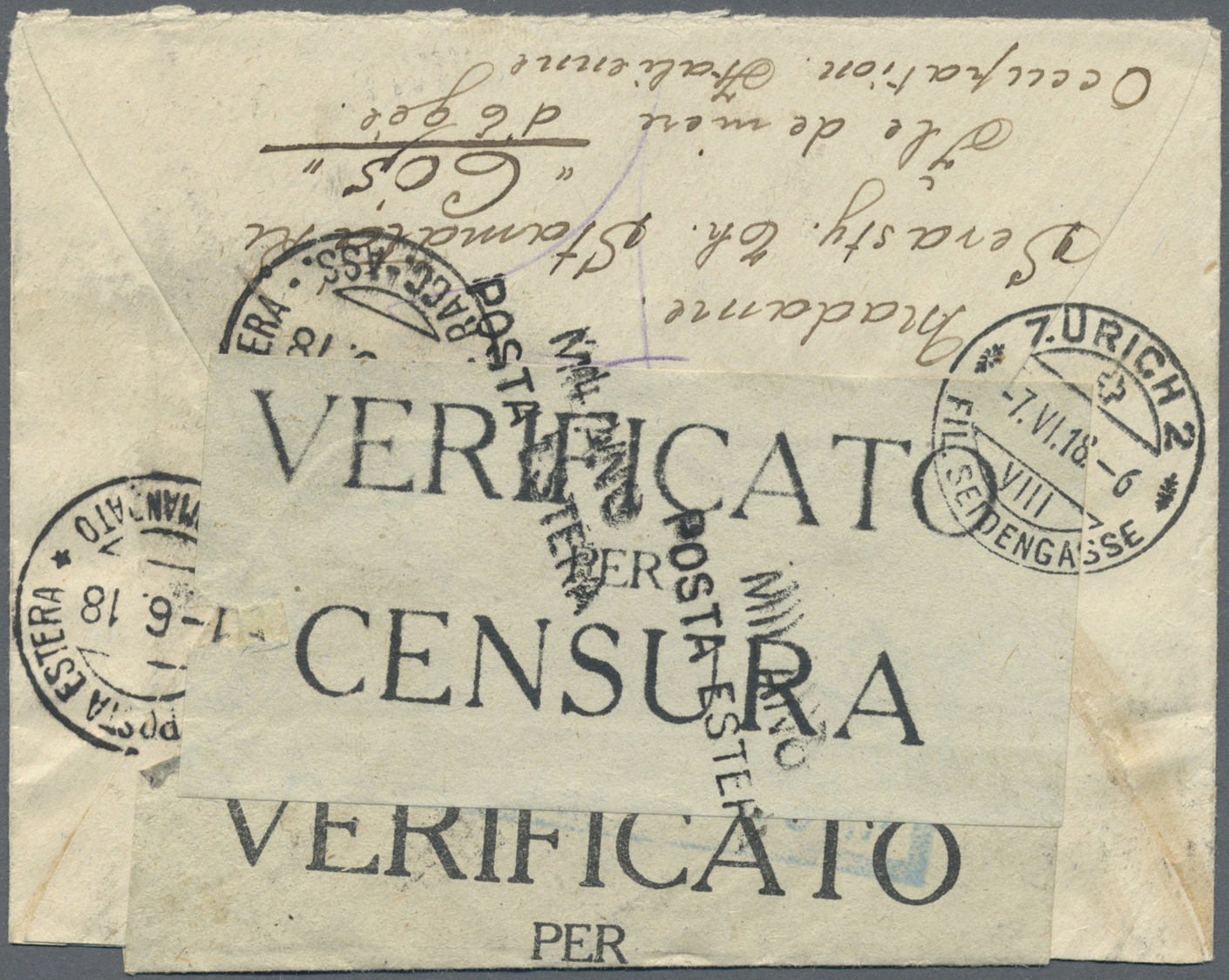 Br Ägäische Inseln: 1918 (26.4.), 50 C. Violett Mit Aufdruck 'Cos' Einzelfrankatur Auf Zensuriertem R-Brief Mit S - Aegean