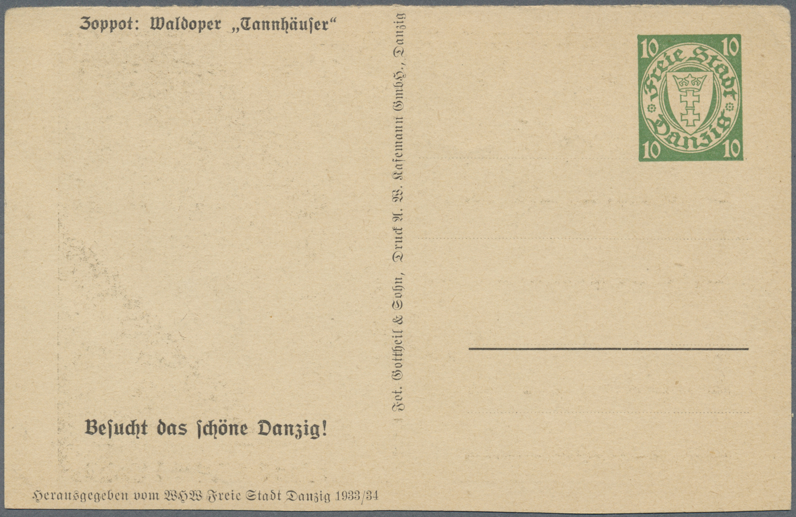 GA Thematik: Musik-Oper / Music-opera: 1934, Danzig 10 Pfg. Sonder-Ganzsachenkarte, Abgetrennte Karte Mit Abb. "Zoppot:  - Music