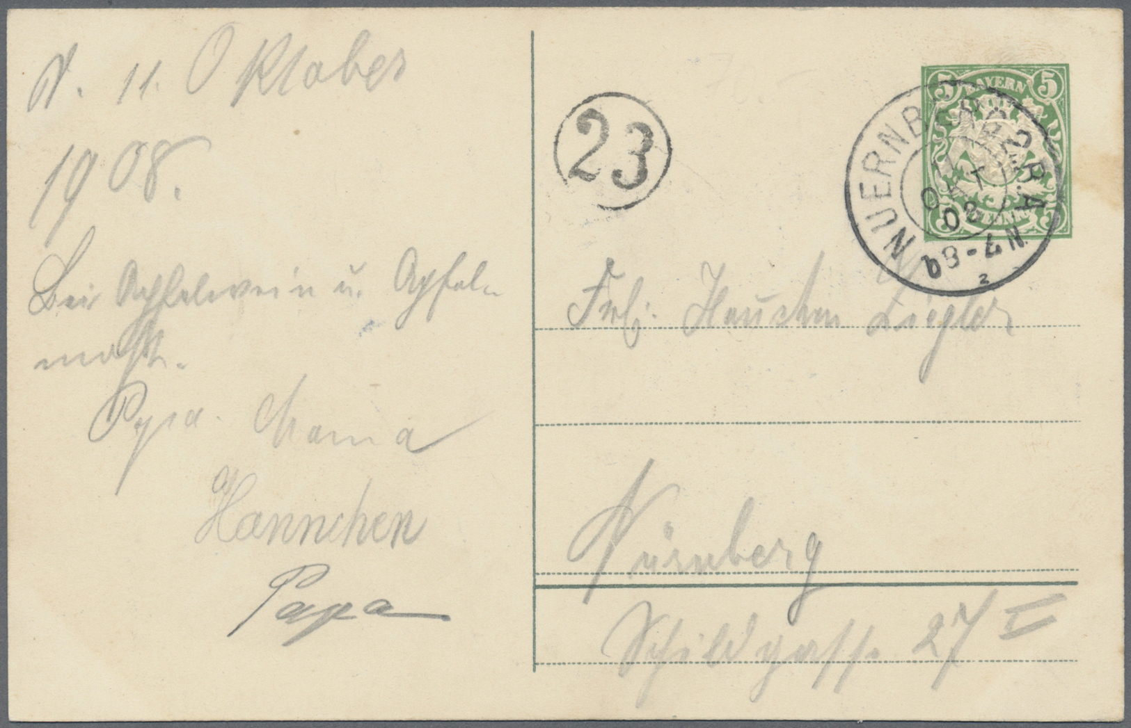 GA Thematik: Nahrung-Obst / Food-fruits: 1908, Bayern. Privat-Postkarte 5 Pf Wappen "Bayerische Landes-Obst-Ausstellung, - Food