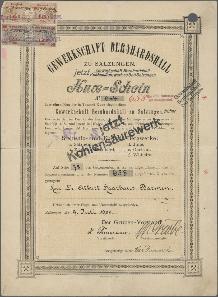 Thematik: Nahrung-Salz / Food-salt: 1900/1937 DEUTSCHLAND, GEWERKSCHAFT BERNHARDSHALL, Salzungen Jeweils Ein Kux-Schein - Food