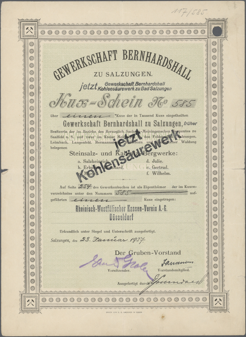 Thematik: Nahrung-Salz / Food-salt: 1900/1937 DEUTSCHLAND, GEWERKSCHAFT BERNHARDSHALL, Salzungen Jeweils Ein Kux-Schein - Food