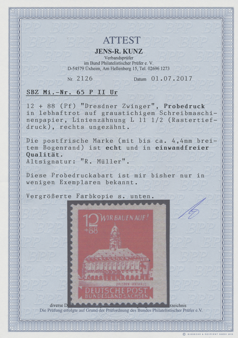 ** Sowjetische Zone - Ost-Sachsen: 1945, 12 Pfg. Dresdner Zwinger, Probedruck Lebhaftrot Auf Graustichi - Altri & Non Classificati