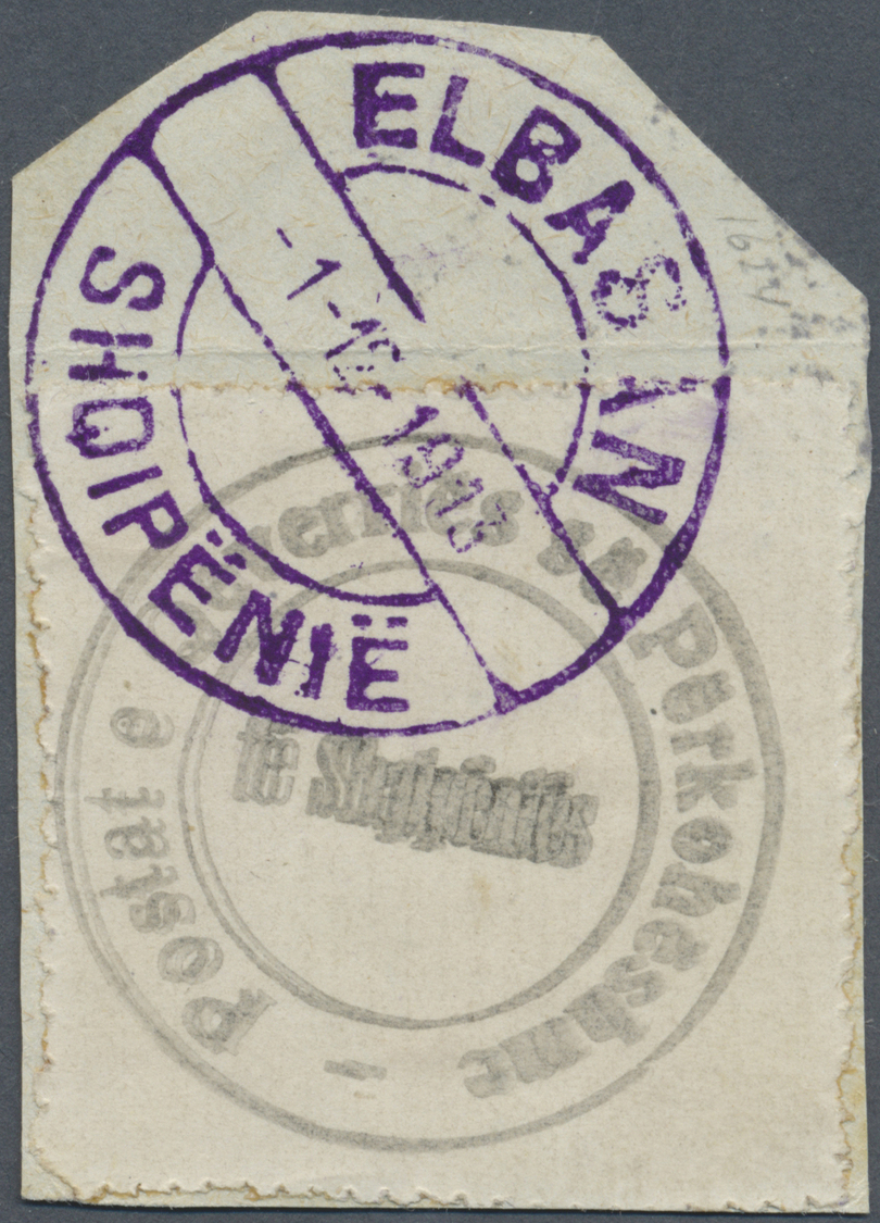 Brrst Albanien: 1913, 1pi. Black, Postal Seal Label, Rouletted (some Faults), On Piece Neatly Oblit. ""ELBASAN 1.12. - Albania