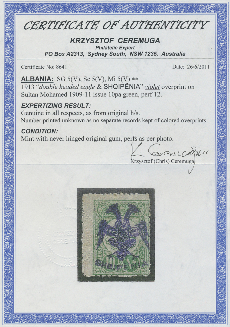 ** Albanien: 1913, Double Headed Eagle Overprints, 10pa. Green With VIOLET Overprint, Unmounted Mint. Certificate - Albania