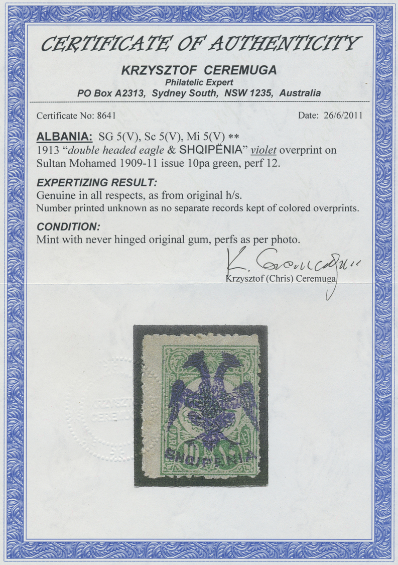 ** Albanien: 1913, Double Headed Eagle Overprints, 10pa. Green With VIOLET Overprint, Unmounted Mint. Certificate - Albanie