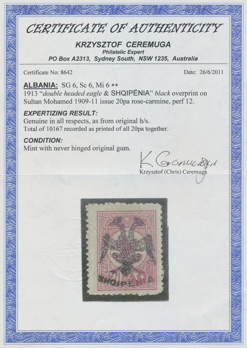 ** Albanien: 1913, Double Headed Eagle Overprints, 20pa. Rose-carmine Unmounted Mint. Certificate Ceremuga. (SG 6 - Albania