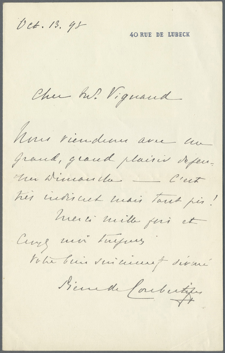 Br Thematik: Olympische Spiele / Olympic Games: 1898, PIERRE DE COUBERTIN, Complete Envelope With Handwritten Letter Of  - Other & Unclassified