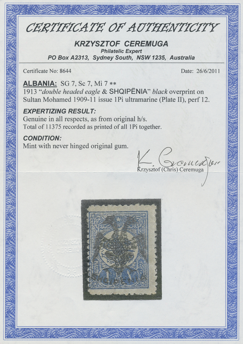 ** Albanien: 1913, Double Headed Eagle Overprints, 1pi. Ultramarine Unmounted Mint. Certificate Ceremuga. (SG 7, - Albanie