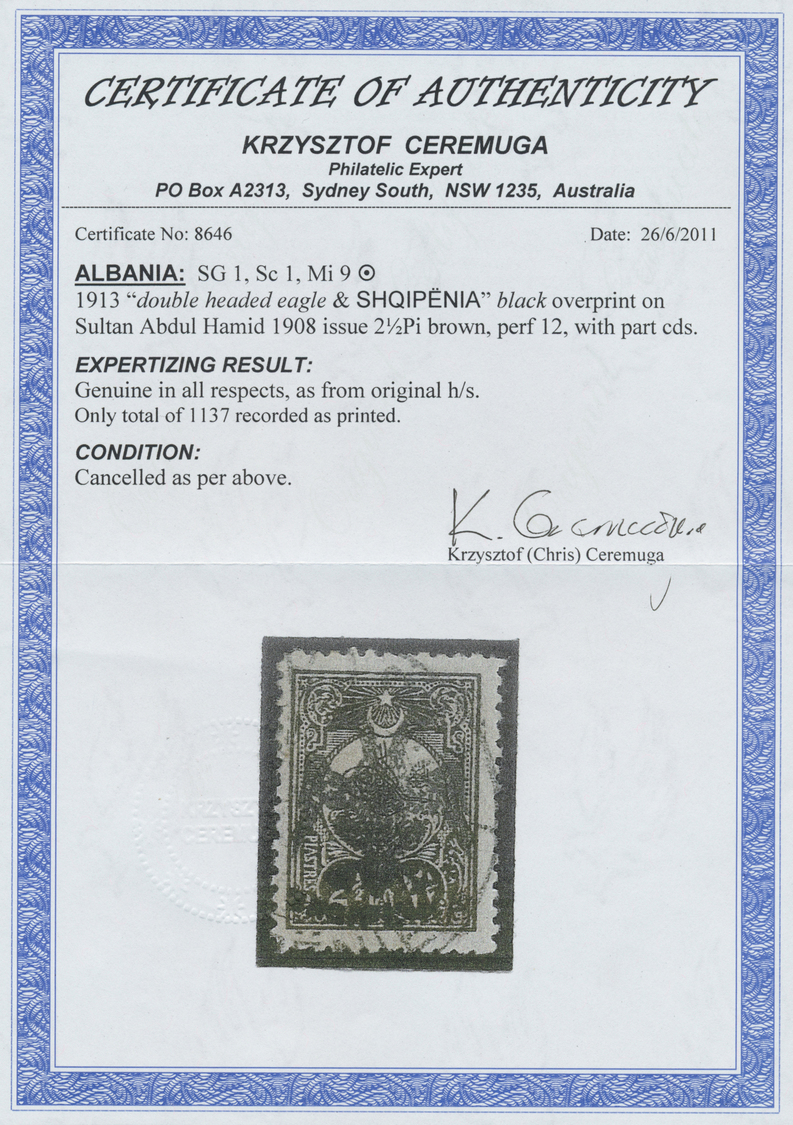 O Albanien: 1913, Double Headed Eagle Overprints, 2½pi. Brown Neatly Cancelled. Certificate Ceremuga. Mi. 800,- - Albanie