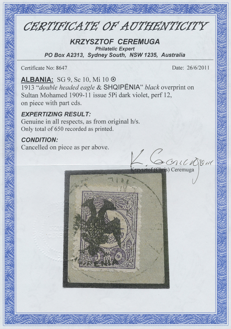 Brrst Albanien: 1913, Double Headed Eagle Overprints, 5pi. Violet, Normal Rough Perforation With Round Corner At Low - Albania