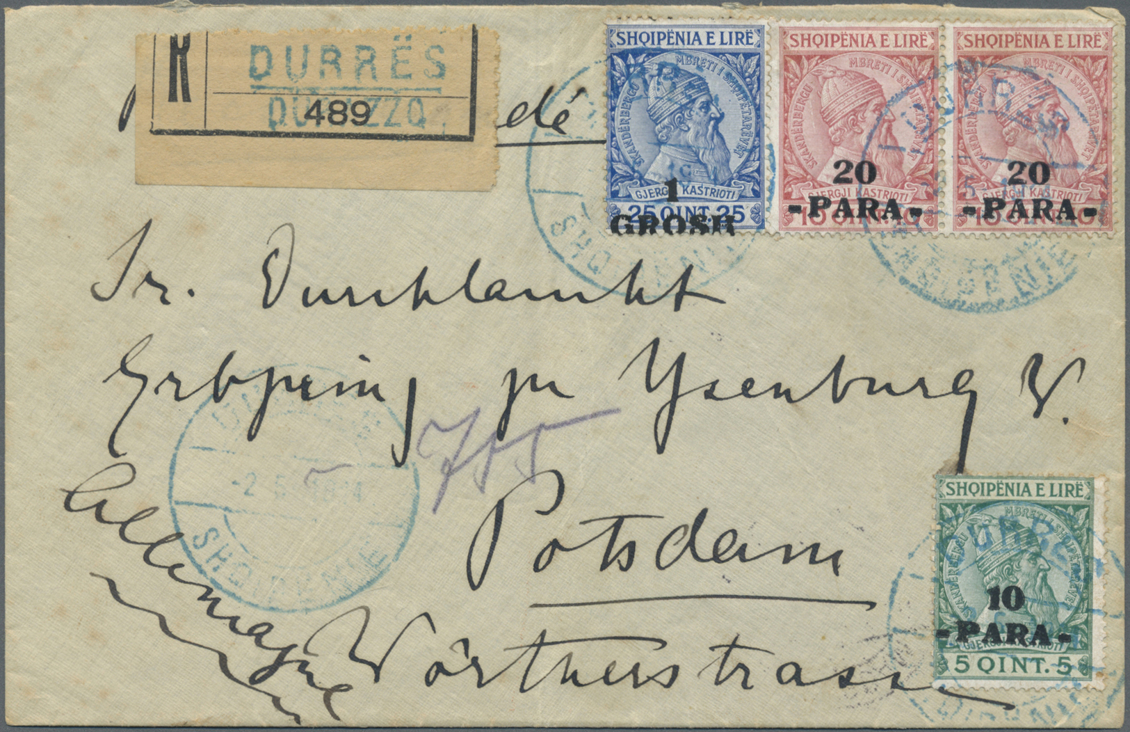 Br Albanien: 1914, 10pa. On 5q. Green, Horiz. Pair 20pa. On 10pa. Rose And 1gr. On 25q. Blue, Attractive Franking - Albania