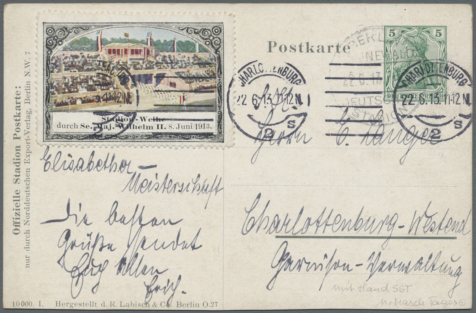 GA Thematik: Olympische Spiele / Olympic Games: 1913, BERLIN-GRUNEWALD 5 Pfg. Ga-Postkarte Mit Vs. Farbigen Vignette "St - Other & Unclassified