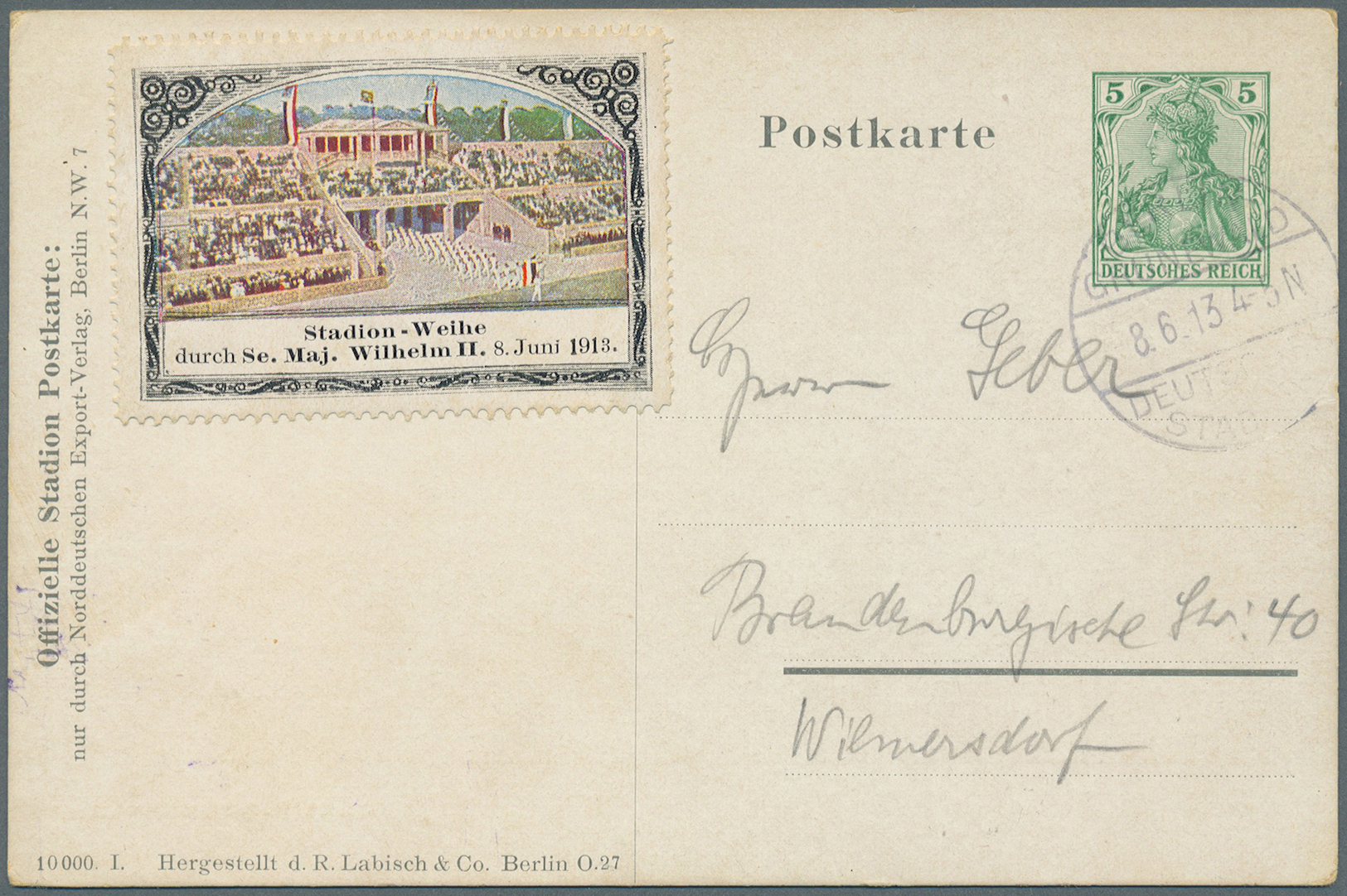 GA Thematik: Olympische Spiele / Olympic Games: 1913, Deutsches Reich, Privat-Postkarte 5 Pfg. Germania "DEUTSCHES STADI - Other & Unclassified