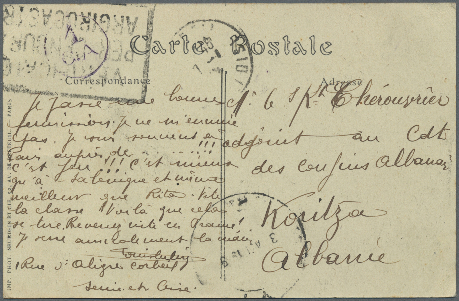 Br Albanien: 1919. Stampless Picture Post Card Of ‘Corbeil, France’ Addressed To Koritza, Albania With Boxed Hand - Albanie