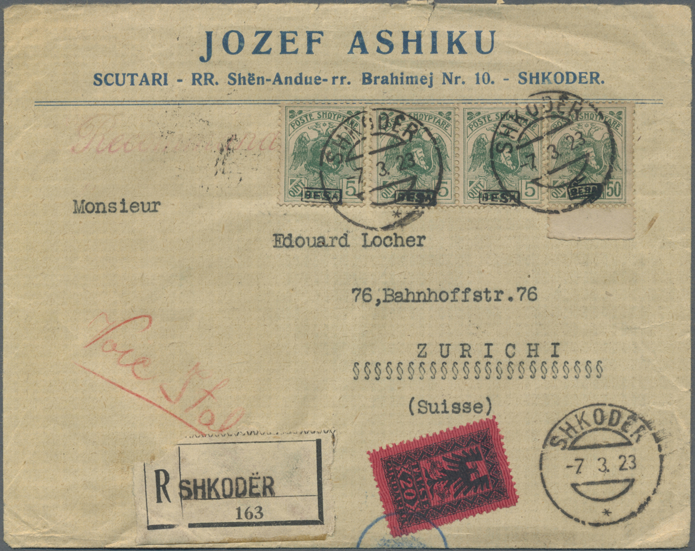 Br Albanien: 1923, 5q. Green With Boxed "BESA" Overprint, Four Copies On Commercial Registered Cover From "SHKODË - Albanie