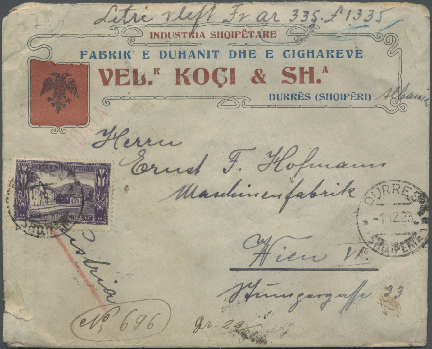 Br Albanien: 1923. Registered Envelope Addressed To Austria Bearing Yvert 106, 2q Orange (pair), Yvert 121, 5q Gr - Albania