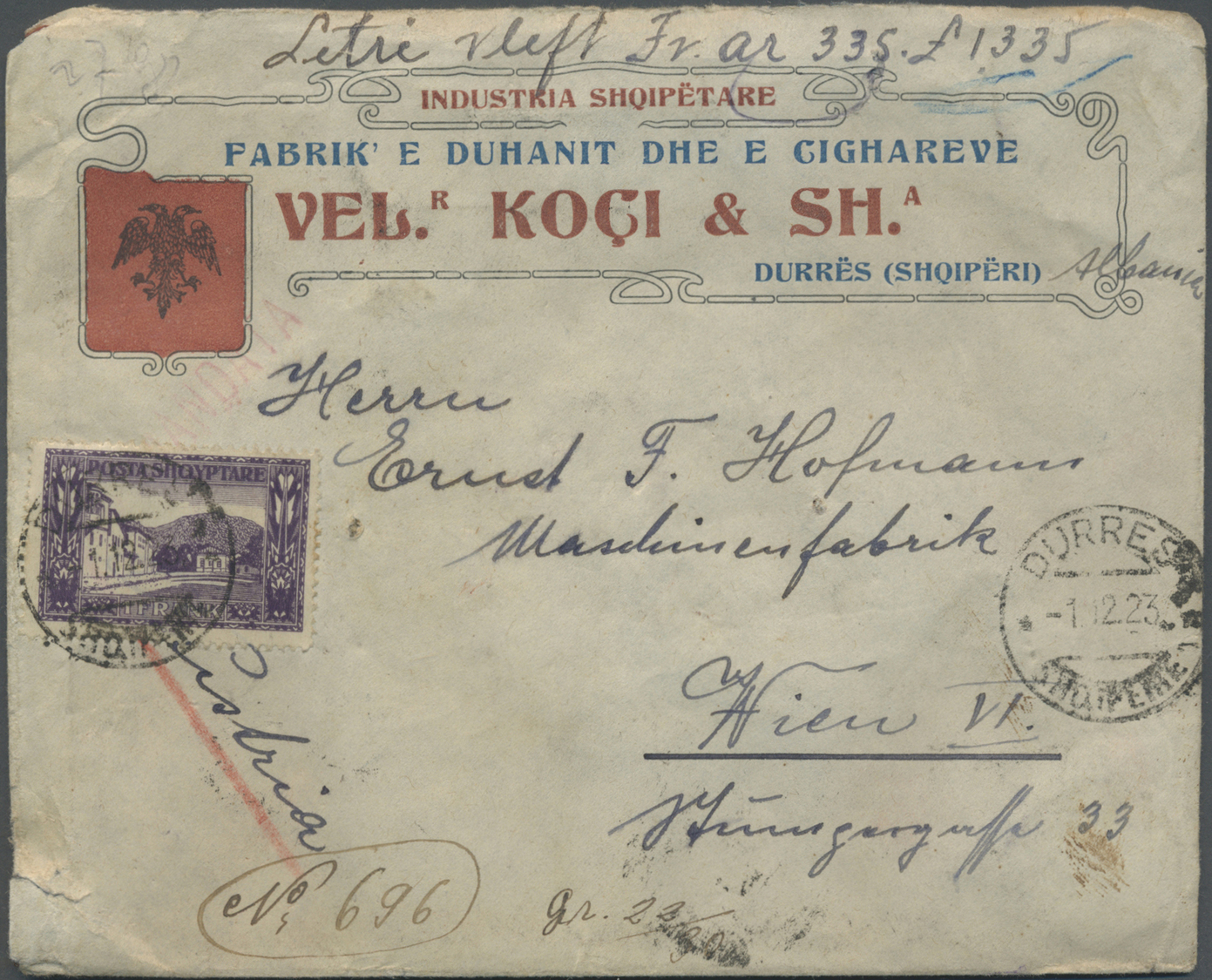 Br Albanien: 1923. Registered Envelope Addressed To Austria Bearing Yvert 106, 2q Orange (pair), Yvert 121, 5q Gr - Albanie